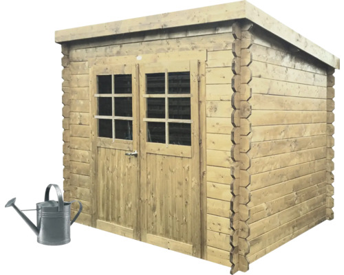Houten tuinhuis met dubbele deur en raam, plus een metalen gieter