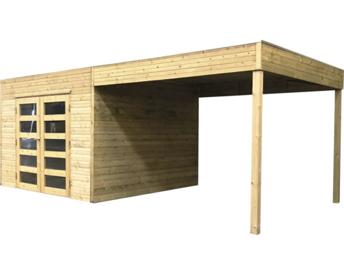 Houten tuinhuis met dubbele deur en carport