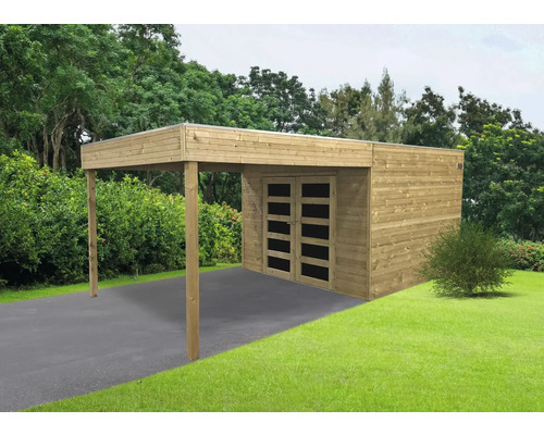 Houten garage met carport in de tuin