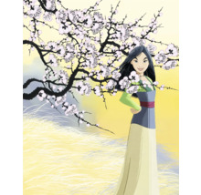 Illustratie van een vrouw voor een bloeiende boom.