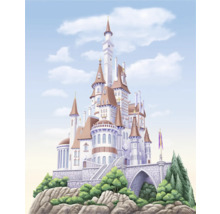 Illustratie van een kasteel op een heuvel met bomen en een stenen boog