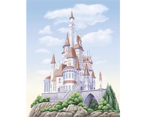KOMAR Fotobehang vlies DX4-229 Disney Princess Belle kasteel 200x250 cm Illustratie van een kasteel op een heuvel met bomen en een stenen boog