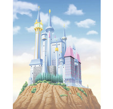 Illustratie van een kasteel op een heuvel met torens en een klokkentoren