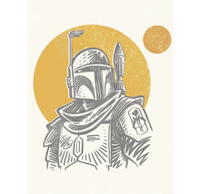 Illustratie van Boba Fett met helm en pantser voor een gele achtergrond