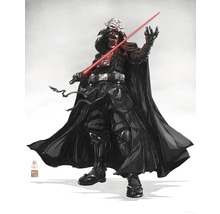 Illustratie van een figuur met helm, cape en rood lichtzwaard