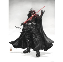 Illustratie van Darth Vader in samoerai-stijl met rood lichtzwaard
