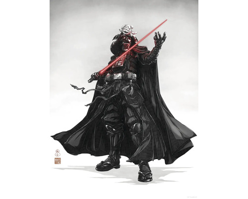Illustratie van Darth Vader in samoerai-stijl met rood lichtzwaard