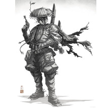 Illustratie van een persoon in een futuristisch harnas met een Aziatische hoed.