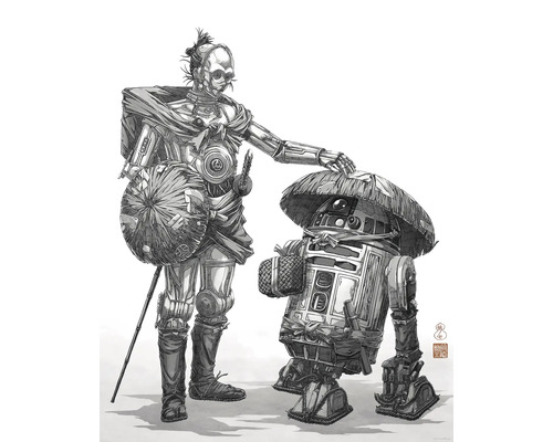 Illustratie van twee robotfiguren in samurai-stijl met hoeden en traditionele kleding