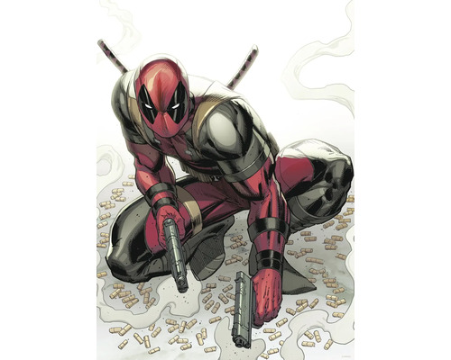 Illustratie van Deadpool met pistolen en munitie