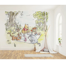 Muurbekleding met Winnie de Poeh en vrienden picknickend in het bos, kameroverzicht