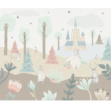 Illustratie met motieven uit Frozen met Elsa, Olaf, Sven, bomen, bloemen en een kasteel