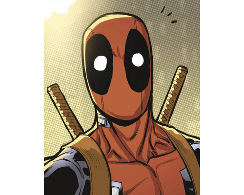 Close-up van Deadpool met twee zwaarden op zijn rug