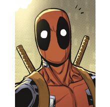 Close-up van Deadpool met zwaarden