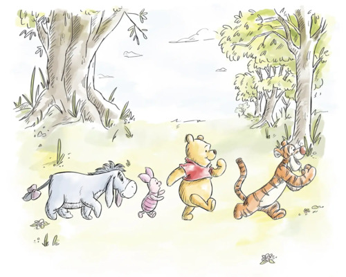KOMAR Fotobehang vlies DX6-228 Disney Winnie The Poeh Walk Together 300x250 cm Illustratie van Winnie de Poeh, Knorretje, Teigetje en Iejoor in het bos