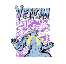 Venom illustratie met gespierde figuur en psychedelische achtergrond