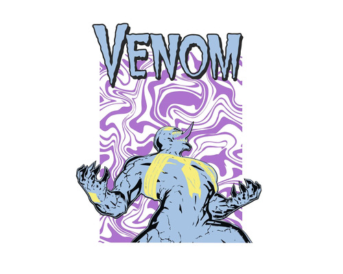Venom illustratie met gespierde figuur en psychedelische achtergrond