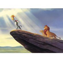 Scene uit de film De Leeuwenkoning met Rafiki, Simba, Mufasa en Sarabi op een rots