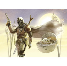 Illustratie van Mandalorian en Grogu met Stormtrooper-helmen op de achtergrond