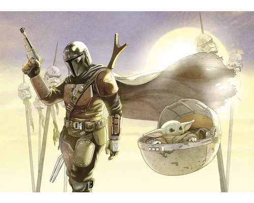 KOMAR Fotobehang vlies DX7-182 Star Wars The Mandalorian And Grogu Mission 350x250 cm Illustratie van Mandalorian en Grogu met Stormtrooper-helmen op de achtergrond
