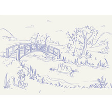 Illustratie met Winnie de Poeh, Knorretje, Iejoor en Teigetje in een natuurlijke omgeving met bomen, heuvels en een rivier