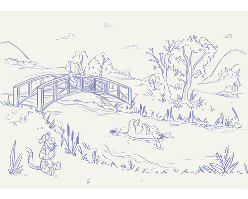 KOMAR Fotobehang vlies DX7-235 Disney Winnie The Pooh Blue Ink 350x250 cm Illustratie met Winnie de Poeh, Knorretje, Iejoor en Teigetje in een natuurlijke omgeving met bomen, heuvels en een rivier