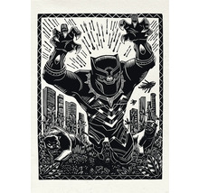 Zwarte Panter linoleumsnede kunstwerk met stadsgezicht op de achtergrond