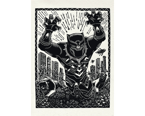 Zwarte Panter linoleumsnede kunstwerk met stadsgezicht op de achtergrond