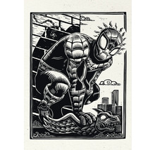 Zwart-witillustratie van Spider-Man tegen een stadsachtergrond