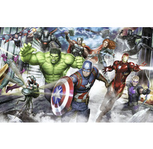 Illustratie van de Avengers met Hulk, Captain America, Iron Man, Thor, Black Widow, Hawkeye, Black Panther, Vision, War Machine, Ant-Man en Falcon voor wolkenkrabbers