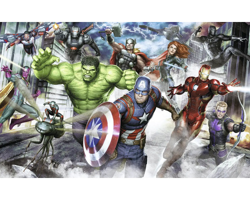 KOMAR Fotobehang vlies DX8-173 Marvel Avengers Assemble 400x250 cm Illustratie van de Avengers met Hulk, Captain America, Iron Man, Thor, Black Widow, Hawkeye, Black Panther, Vision, War Machine, Ant-Man en Falcon voor wolkenkrabbers