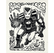 Illustratie van een stripfiguur in een gedrukte stijl.