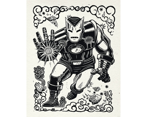 Illustratie van een stripfiguur in een gedrukte stijl.