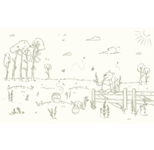 Illustratie van Winnie de Poeh en Knorretje in een landschap met bomen en honingpotten