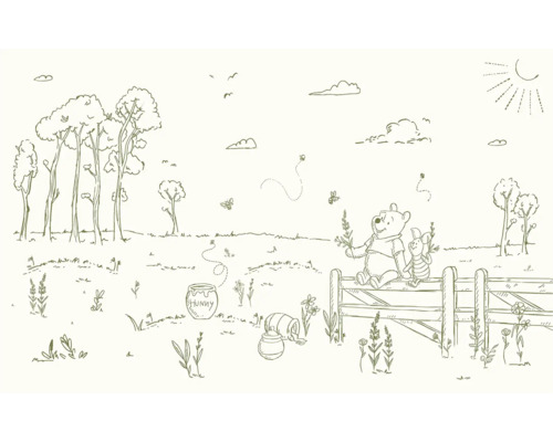 KOMAR Fotobehang vlies DX8-193 Disney Winnie The Poeh Bee At One 400x250 cm Illustratie van Winnie de Poeh en Knorretje in een landschap met bomen en honingpotten
