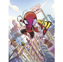 Illustratie van Spiderman die met een web door een stad slingert