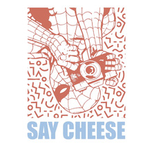 Illustratie van Spider-Man die een foto maakt met een camera, met de tekst ''Say Cheese''