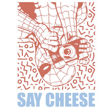 Illustratie van Spider-Man die een camera vasthoudt, met de tekst Say Cheese