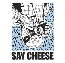 Illustratie van Spider-Man die ondersteboven hangt met een camera