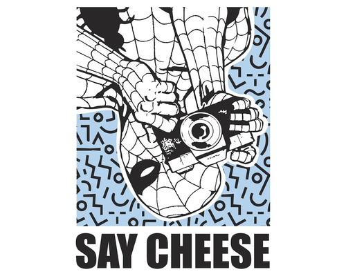 Spider-Man met camera, tekst: Say Cheese