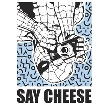 Illustratie van Spider-Man die een camera vasthoudt en het woord Say Cheese