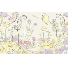 Illustratie van een sprookjeslandschap met elf, bloemen en vlinders