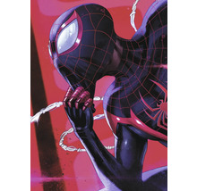 Close-up van Spider-Man in zwart spinnenpak