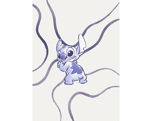 Tekening van Stitch met groot hoofd en oren tegen een achtergrond met lijnen