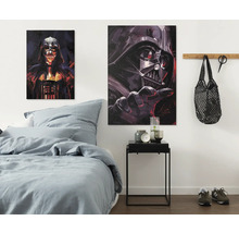 Slaapkamer met twee Star Wars canvas schilderijen van Darth Vader, een nachtkastje en een bed