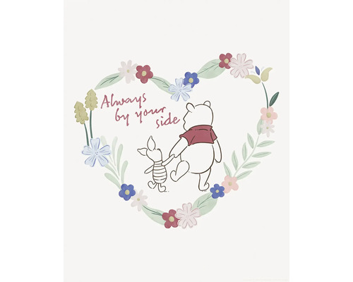 Illustratie van Winnie de Poeh en Knorretje in een bloemenhartframe met de tekst ''Always by your side''.