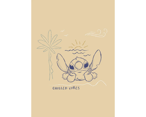 Illustratie van Stitch op het strand met het opschrift Chilled Vibes
