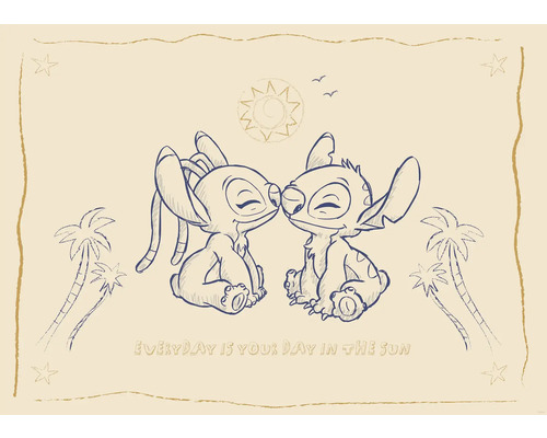 Illustratie van twee figuren die tegenover elkaar staan onder palmbomen en een zon, met de tekst: Elke dag is jouw dag in de zon