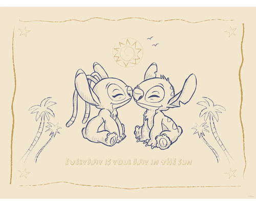 Illustratie van twee Stitch figuren voor palmbomen en zon met de tekst ''Everyday is your day in the sun''.