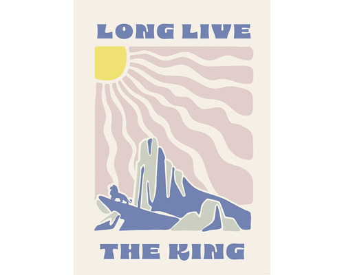 Illustratie met het opschrift ''Long Live The King'', een rotsformatie en een leeuw